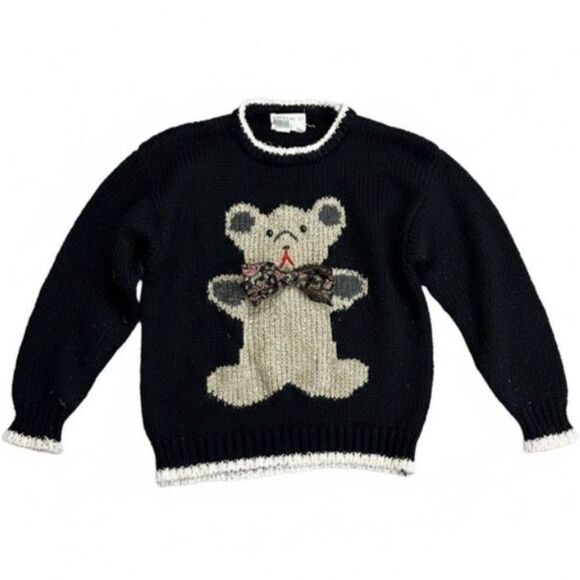 Vintage 90s Evian II Black Crewneck Sweater with Brown Fuzzy Teddy Bear Size M - Picture 2 of 11